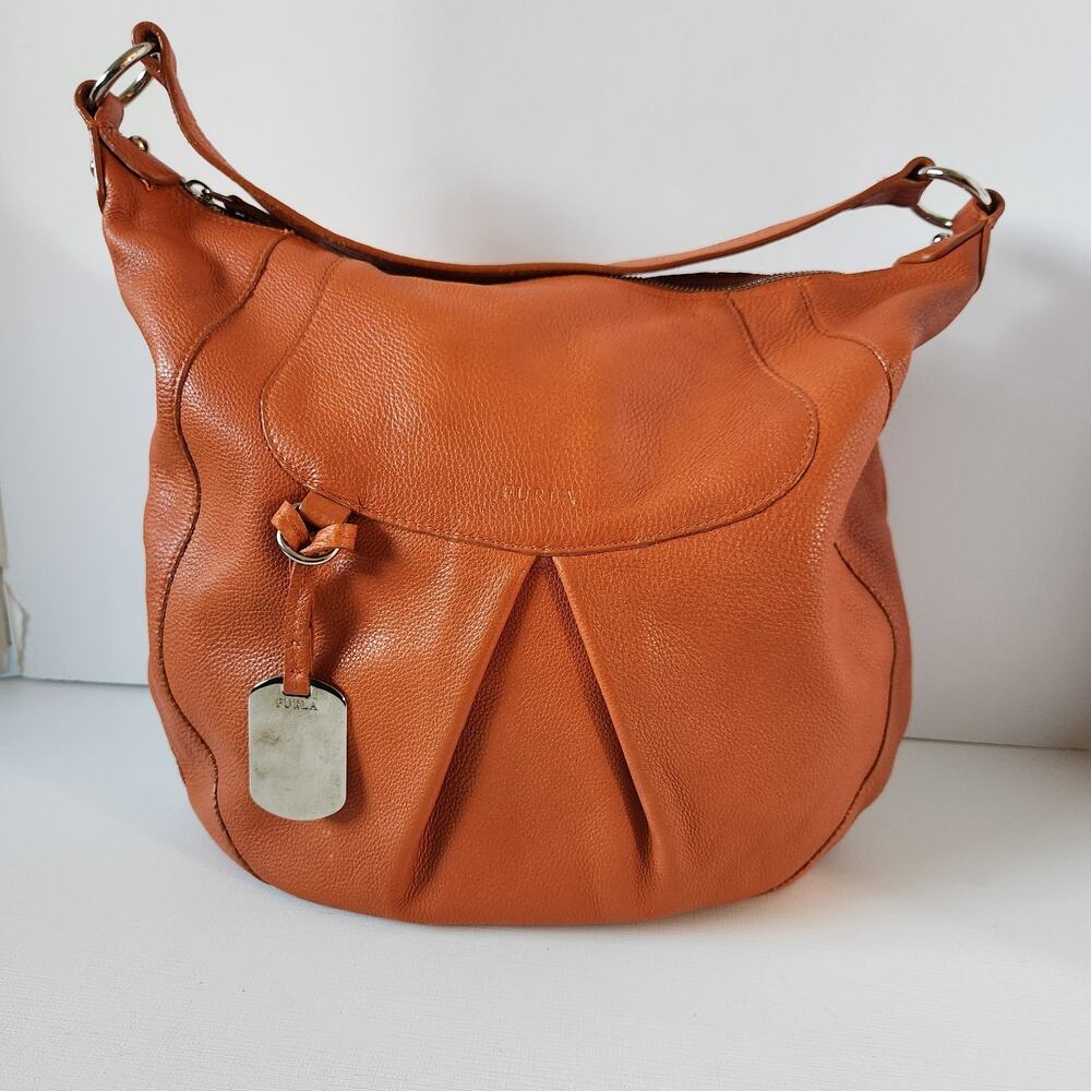 FURLA Orange Pebbled Leather Hobo Shoulder Bag Silver Logo Charm Pleated Purse